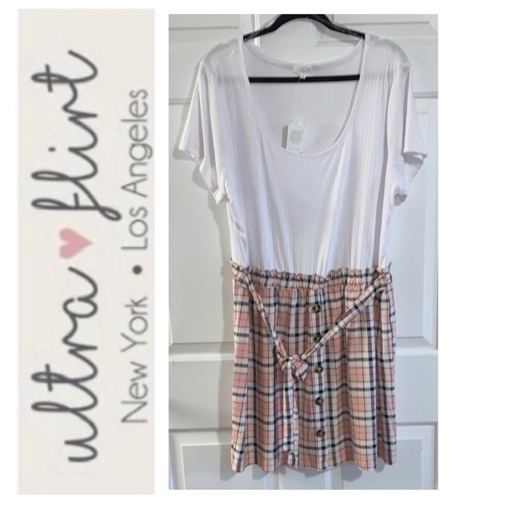 🎯 ULTRA FLIRT White and Plaid Button-Front Dress NWT 3X